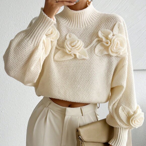 Apricot Casual Women's Loose Floral Print Turtleneck Pullover Sweater - Picture 6 of 9